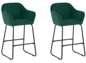 Set of 2 Green Magaluf Velvet Fixed Height Bar Stools with Black Legs for Kitchen Island Breakfast Bar