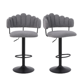 Set of 2 Grey Plush Teddy Microfibre Gas Lift Bar Stools Breakfast Kitchen Island Chairs